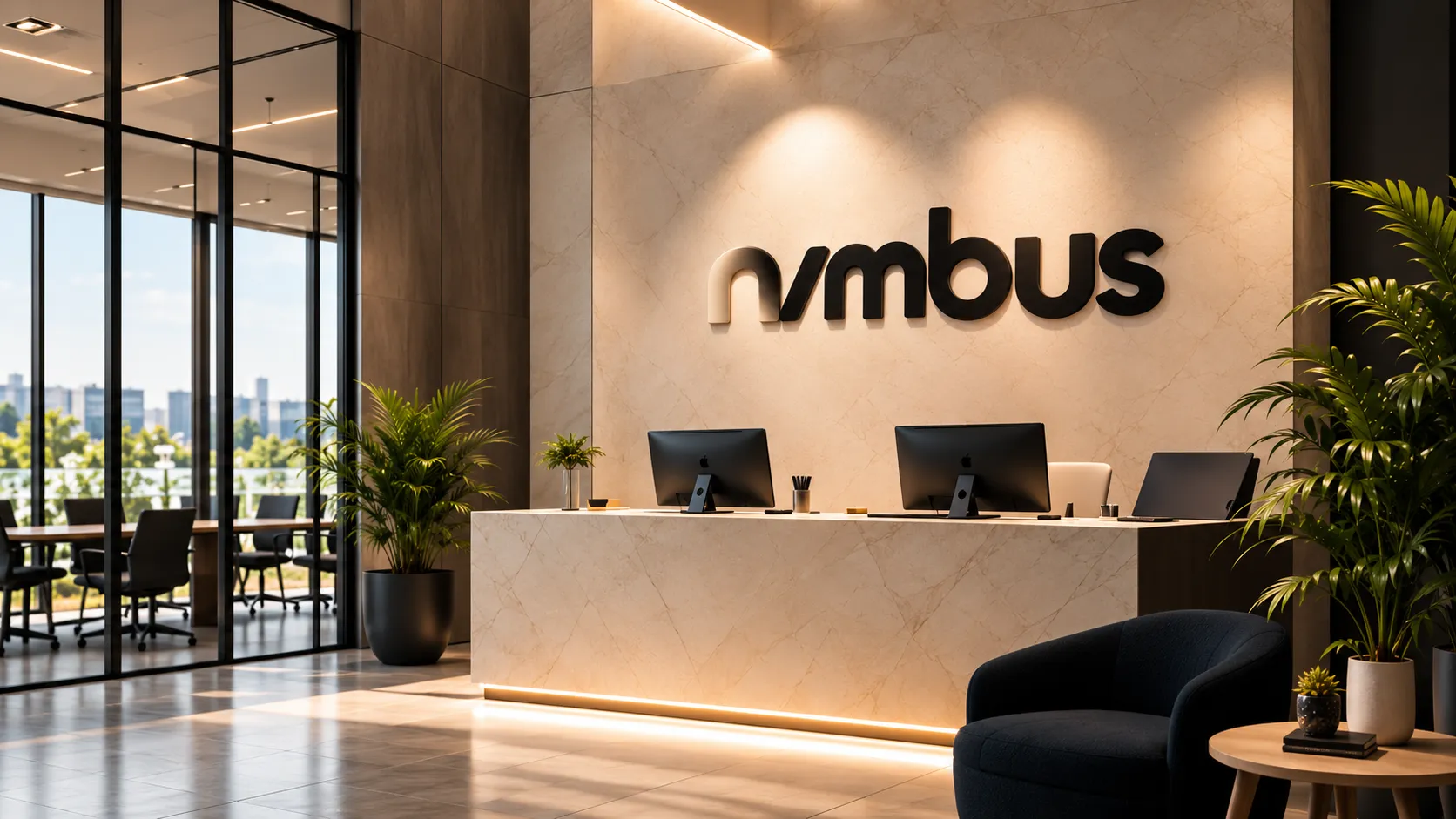Brand concept image: a reception area with the Nimbus logo on the wall