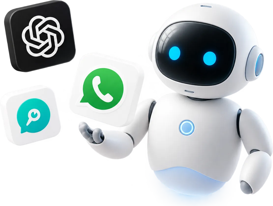 Assistant robot next to icons of messaging and artificial intelligence apps