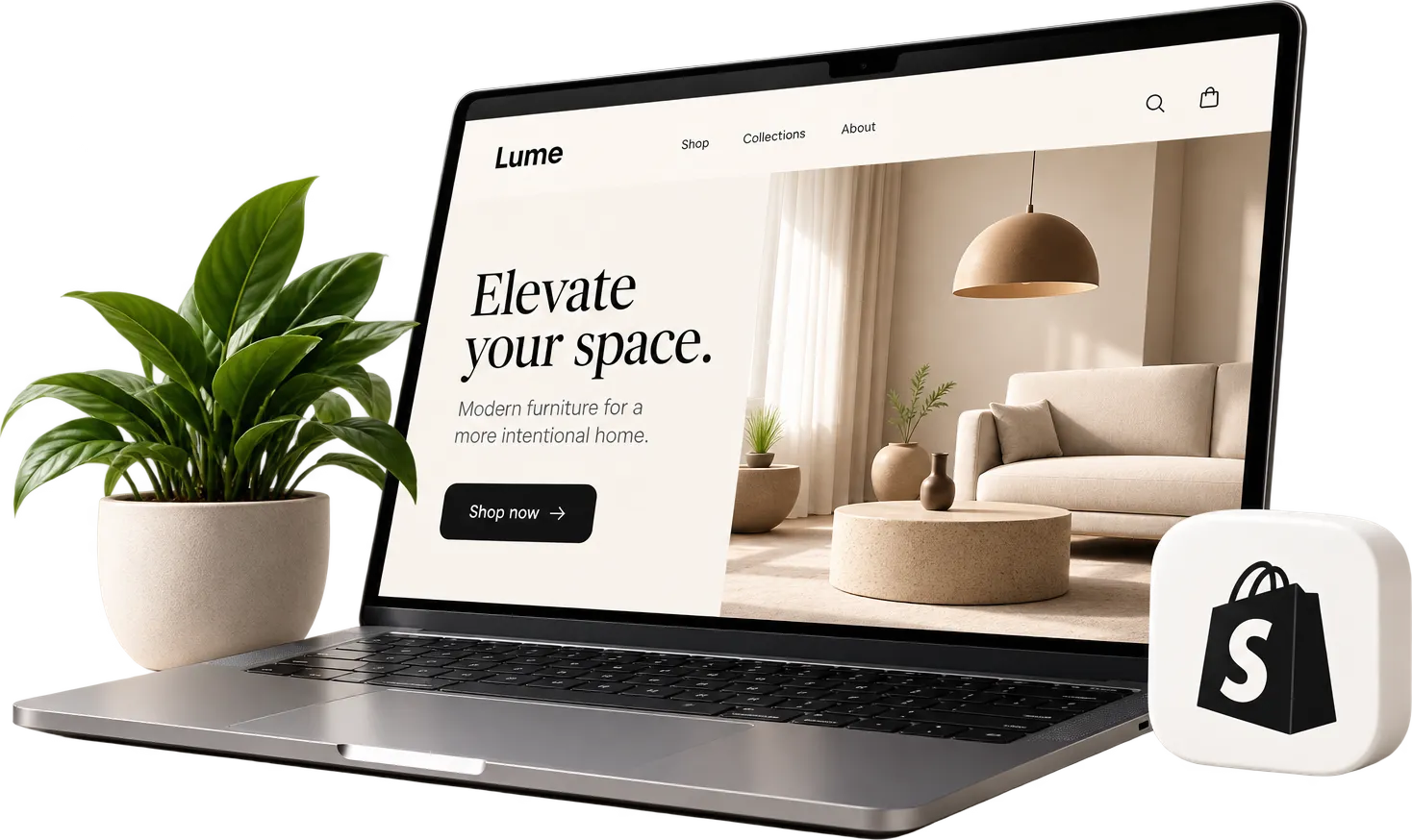 Laptop showing an online store, next to a plant and the Shopify icon