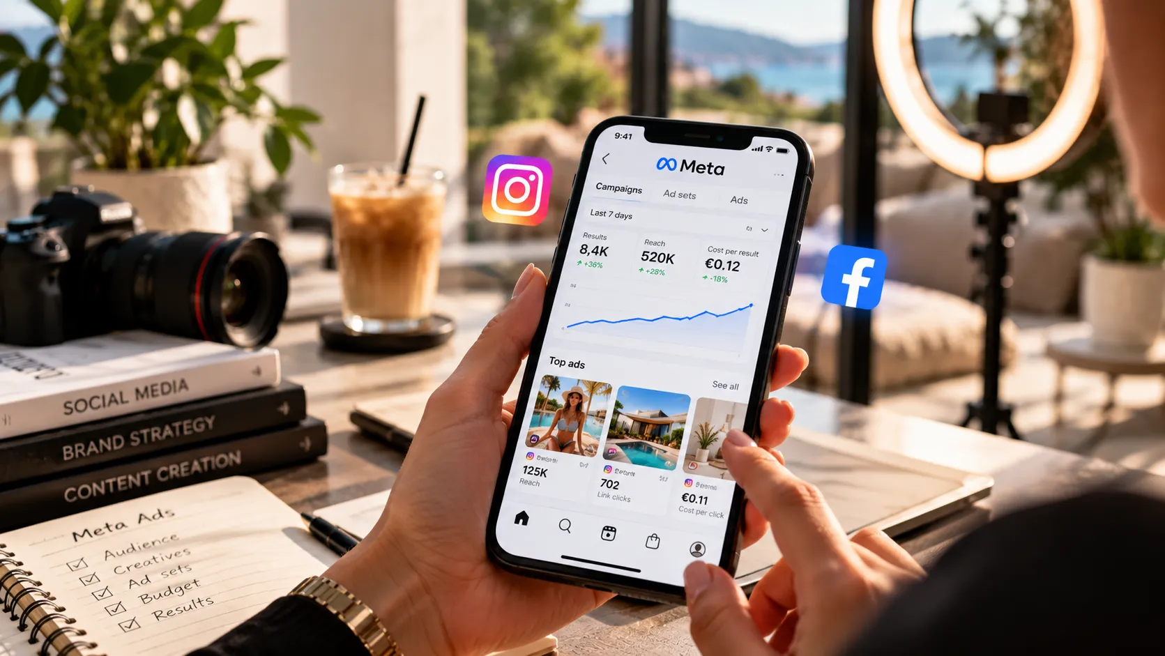 Móvil con campañas de Meta para Instagram y Facebook