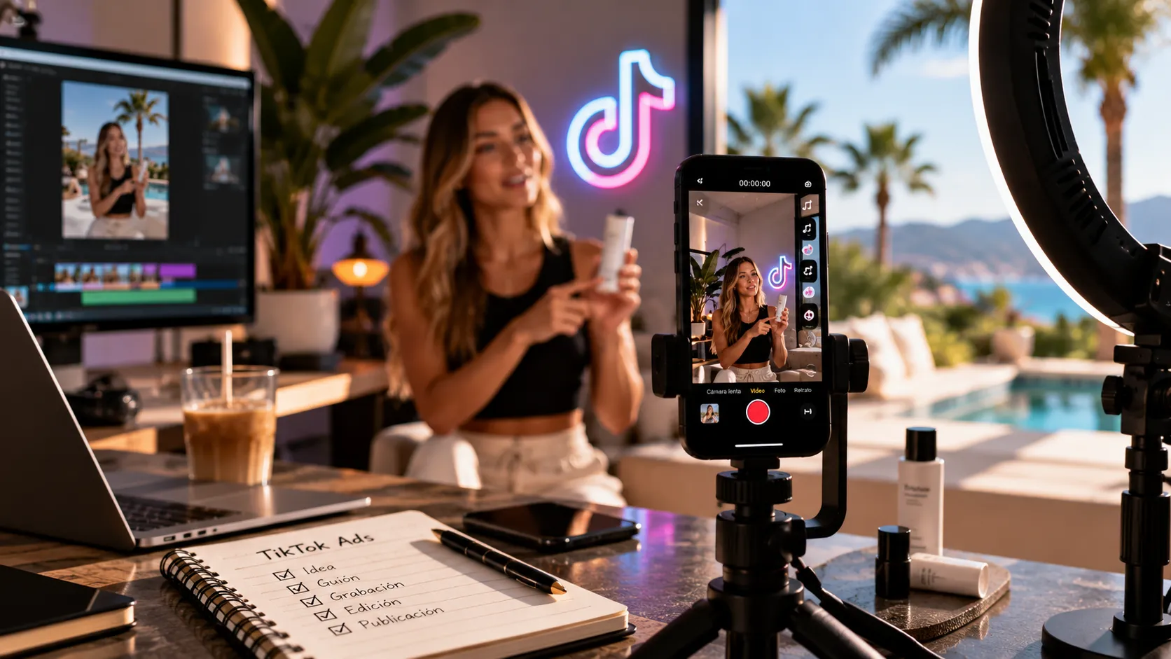 Grabación de un vídeo para TikTok con un móvil y un aro de luz