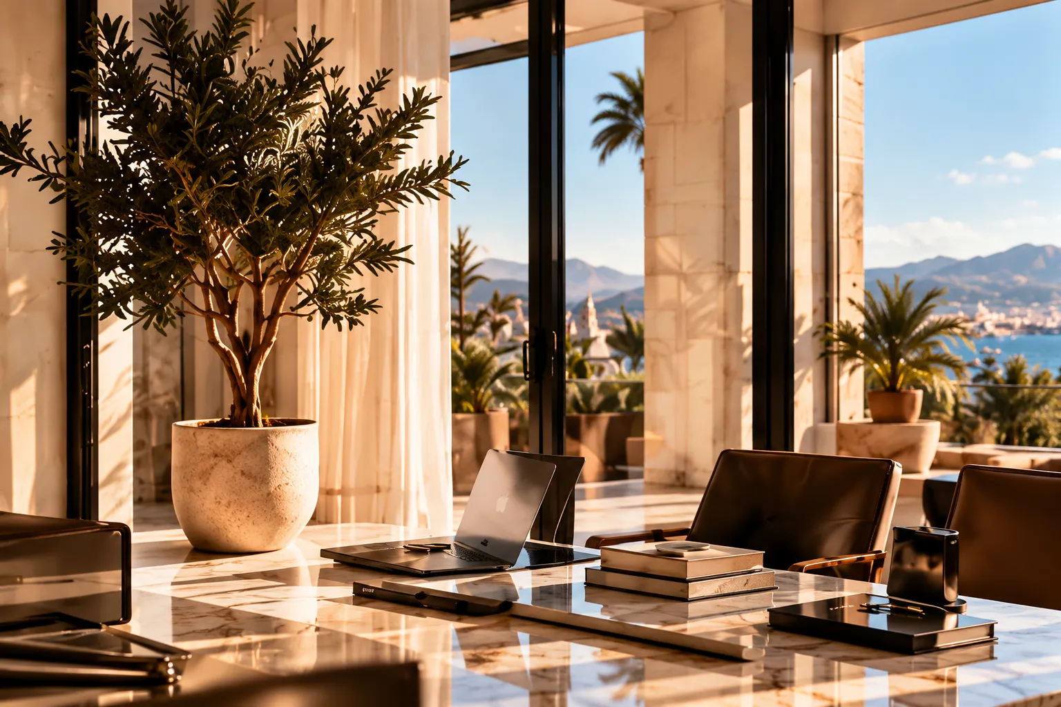 Bright office with an olive tree, a desk and a view of the sea