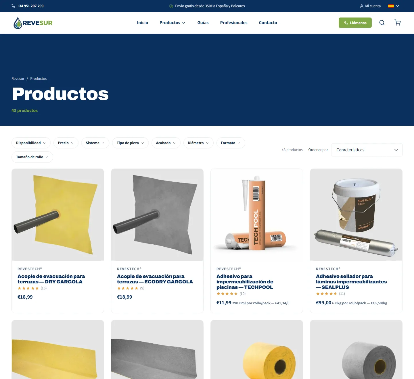 Product catalogue of the Revesur website