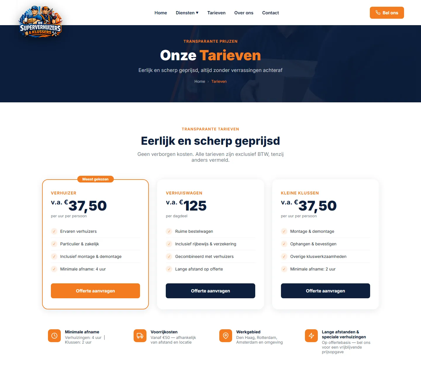 Rates page of the De Super Verhuizers & Klussers website