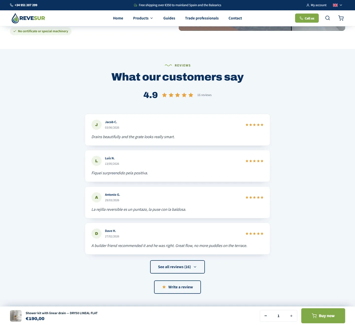 Product page, details of the Revesur website