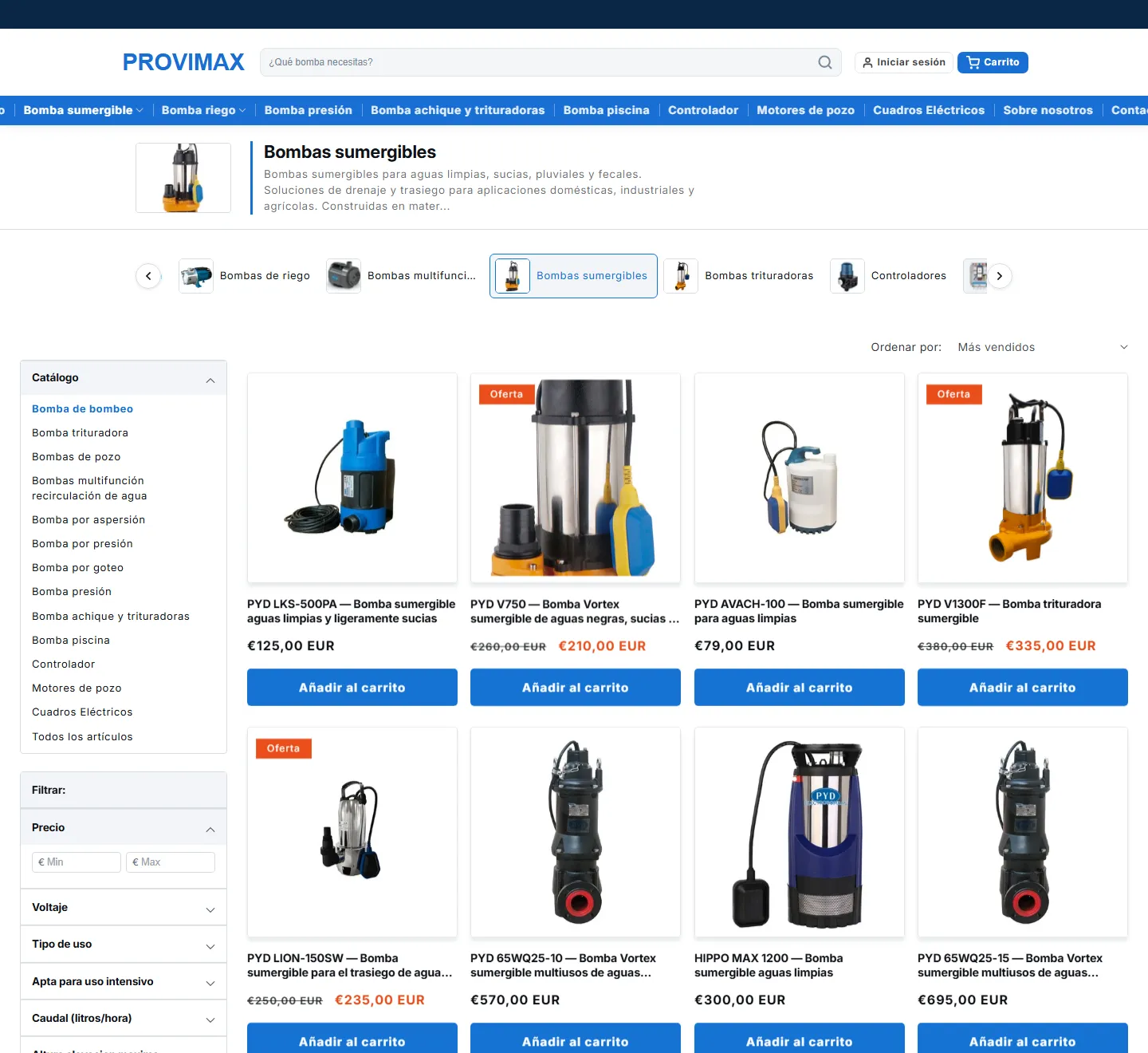 Product catalogue of the Provimax website