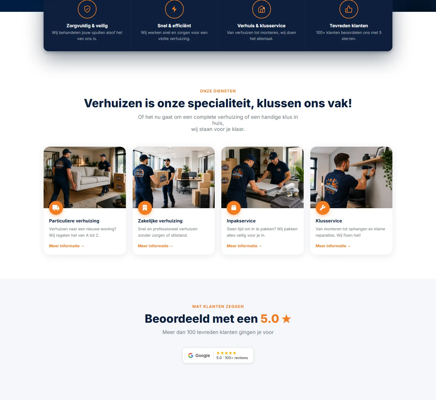 Home page, middle section of the De Super Verhuizers & Klussers website
