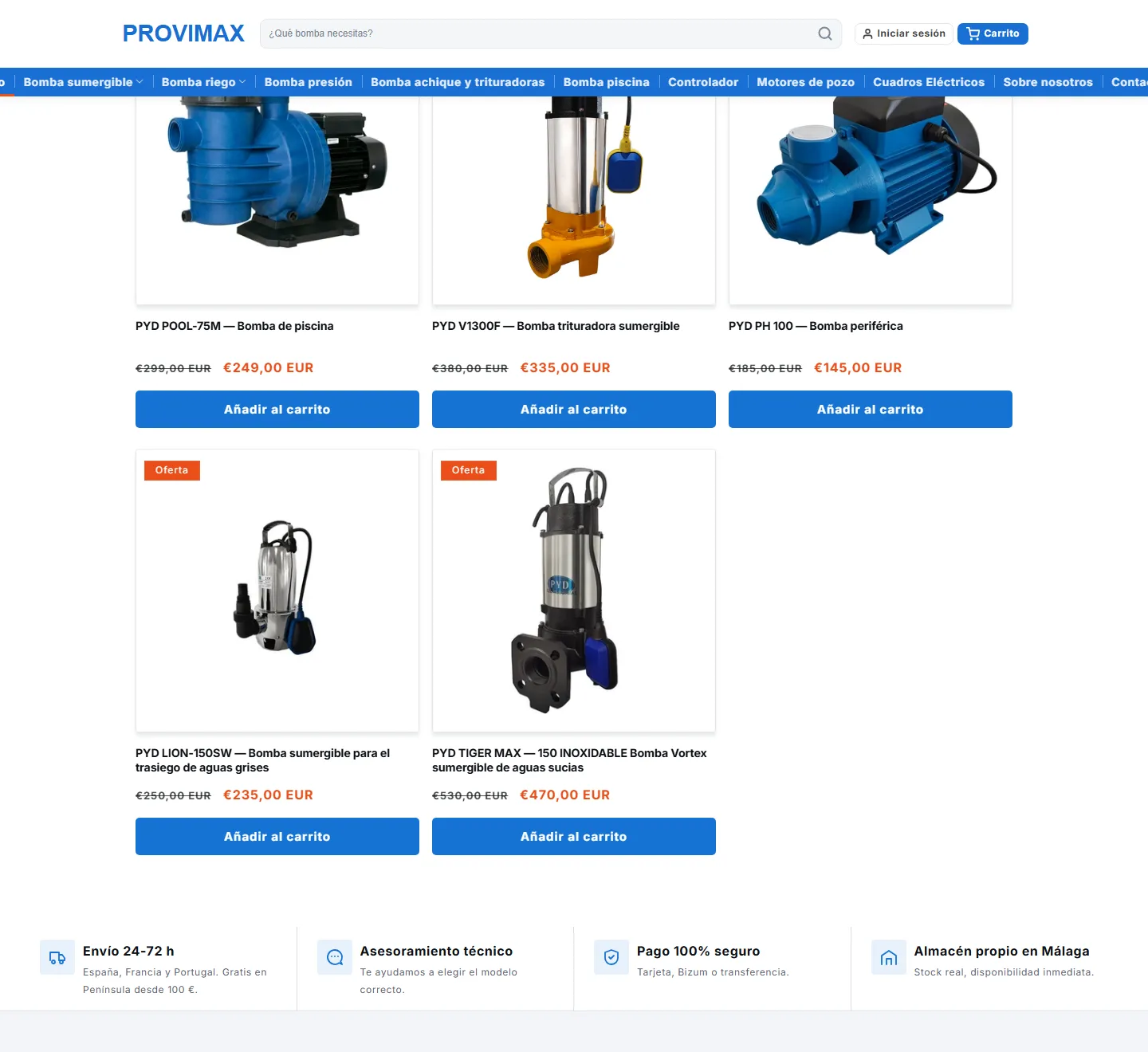 Home page, middle section of the Provimax website