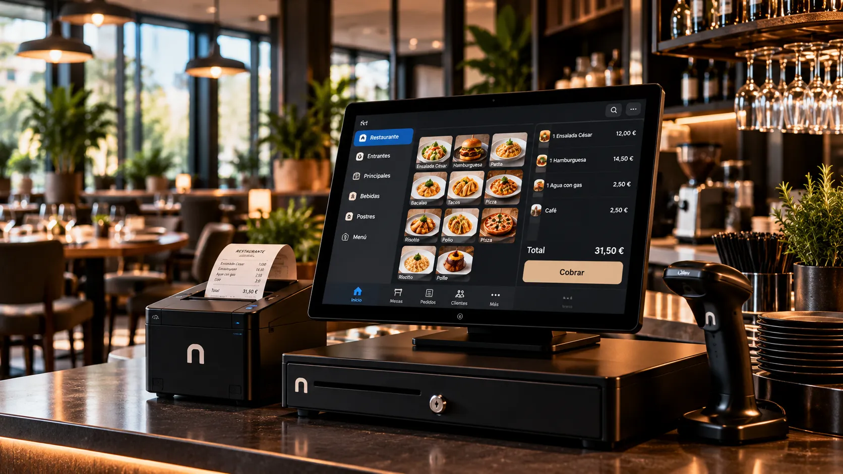 POS terminal with a receipt printer on the bar of a restaurant