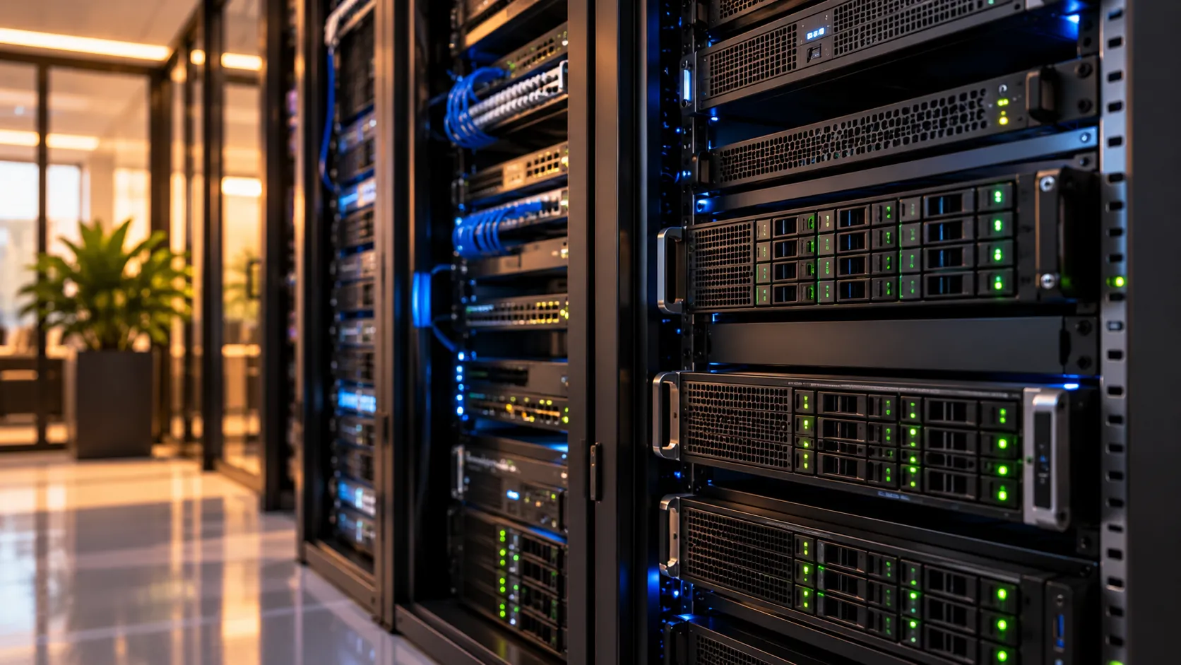 Servers in rack cabinets in a server room