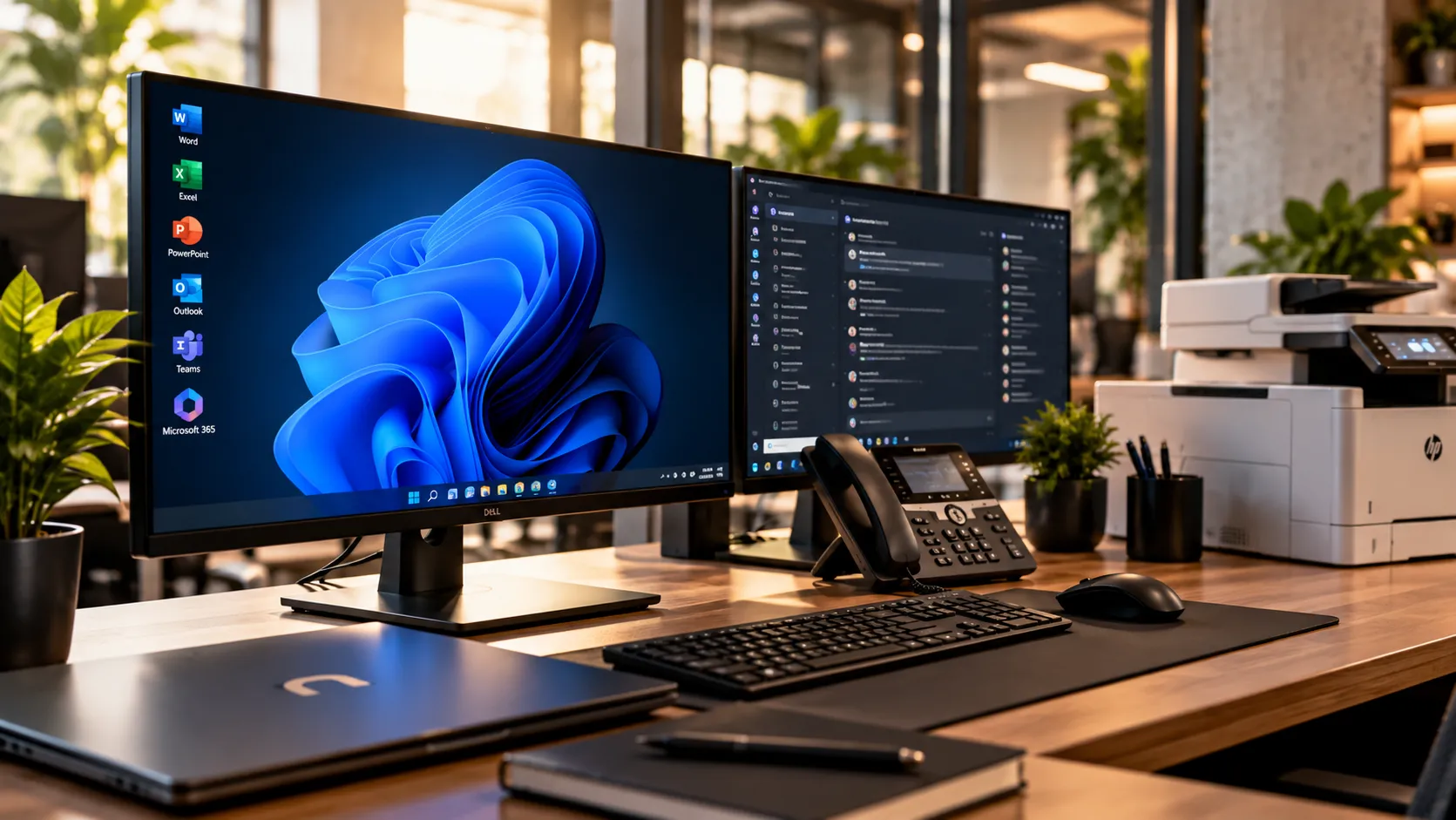Workstation with two monitors, a phone and a printer