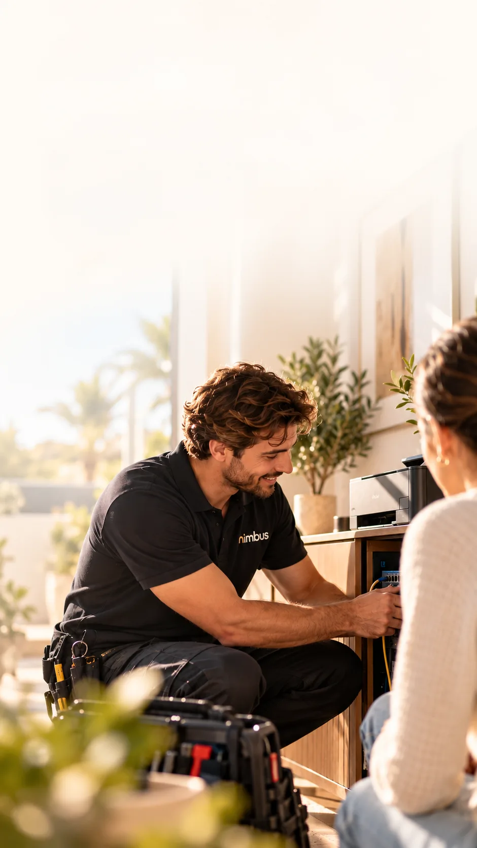 A Nimbus technician connecting network equipment beside a client