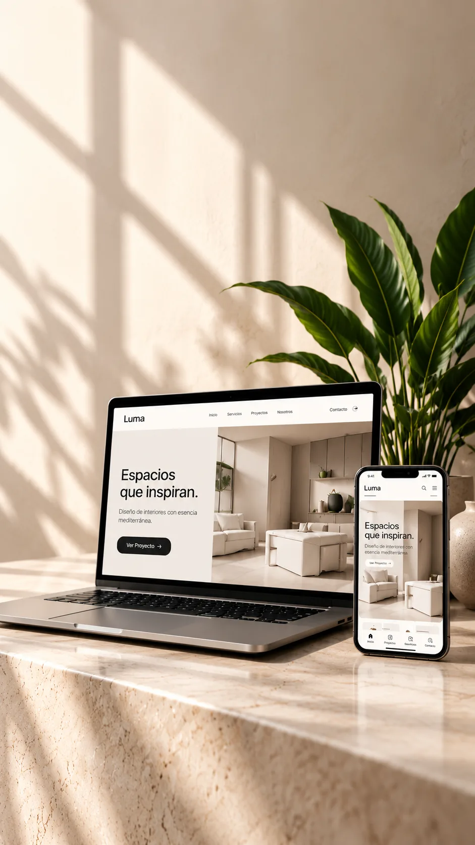 Laptop and phone showing an interior design website on a stone worktop