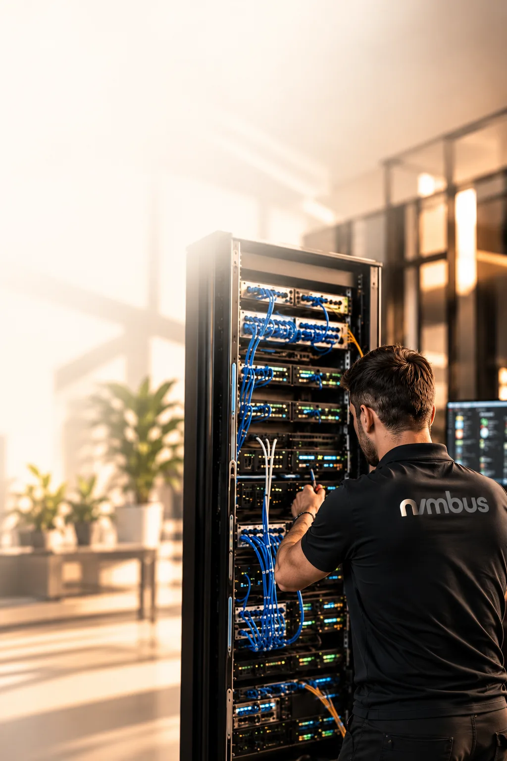 Nimbus technician working on the cabling of a server rack