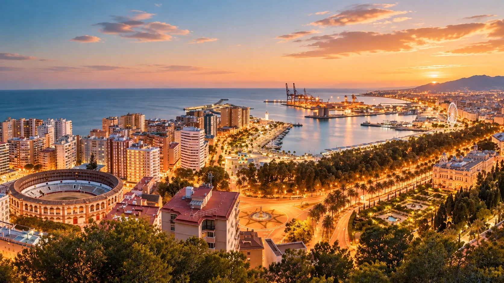 View of Málaga and its harbour at sunset, with the mountains behind