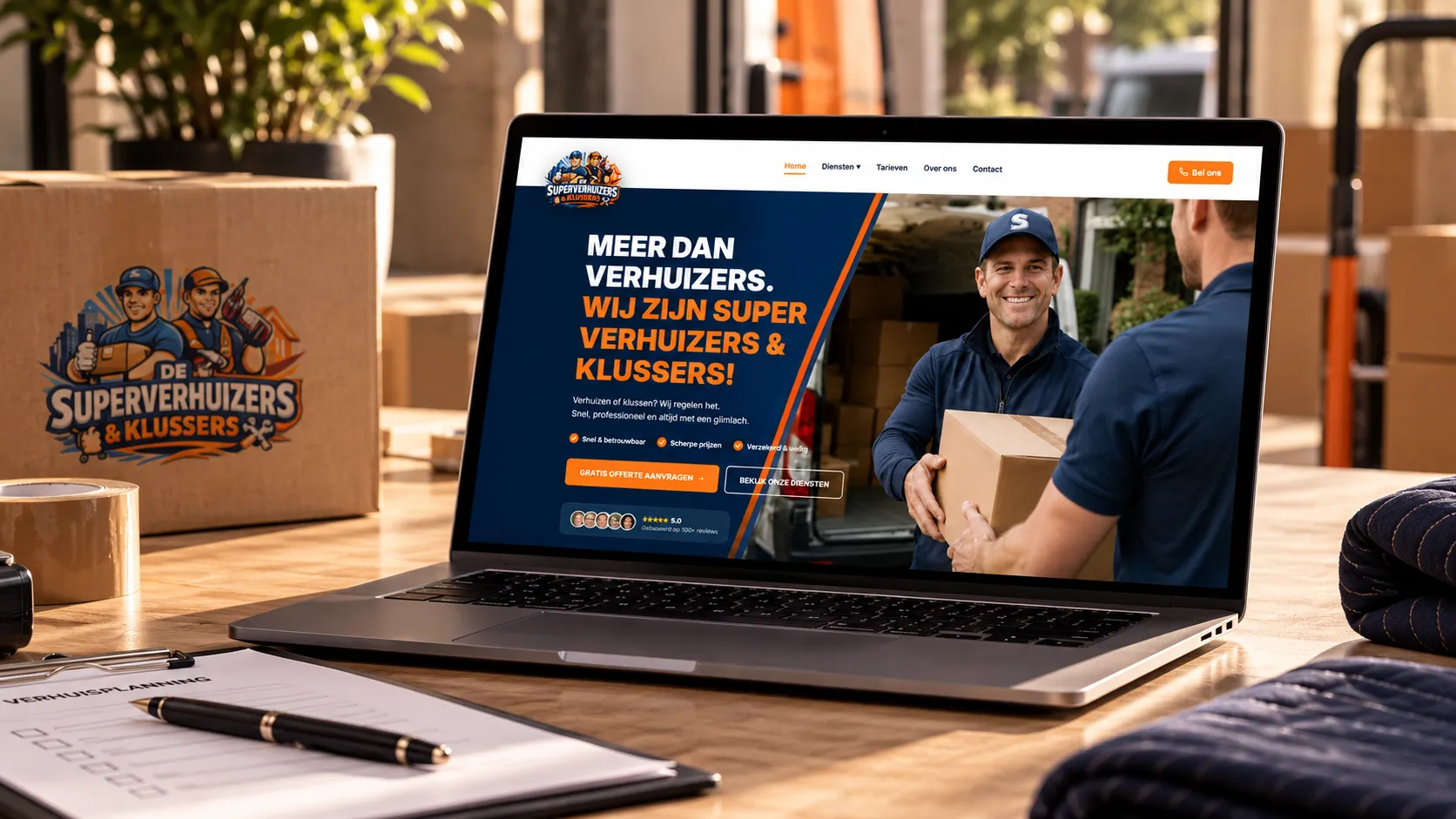 Laptop showing the De Super Verhuizers & Klussers website