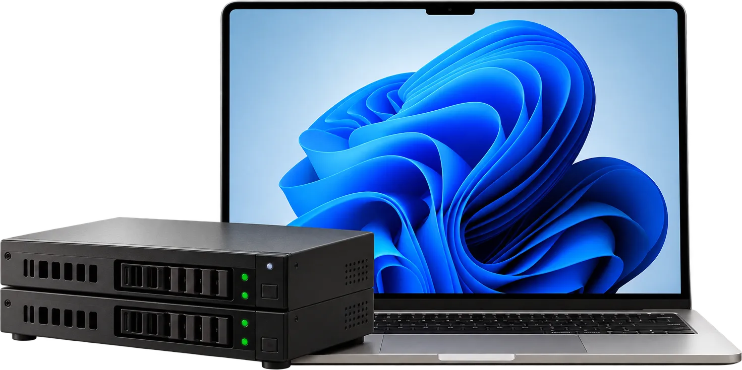 Windows laptop next to two network servers
