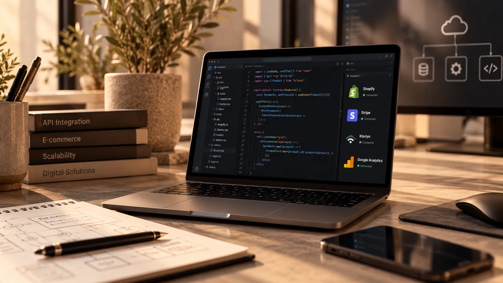 Laptop showing code and connected tools on a desk