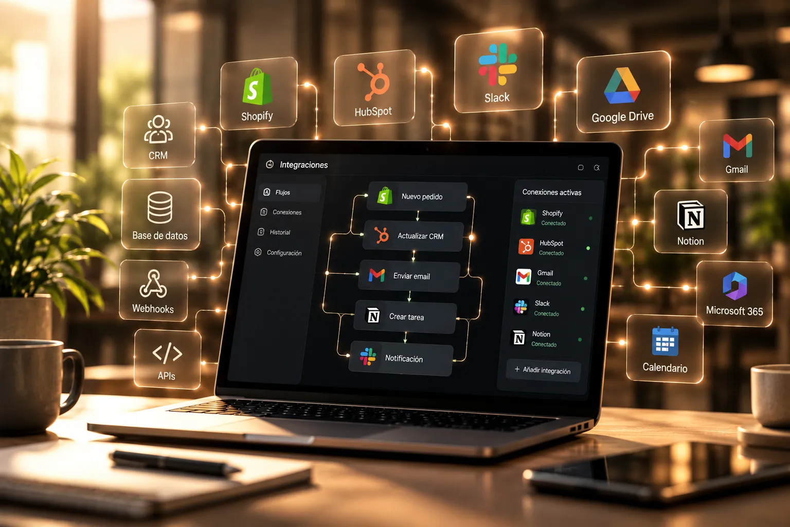 Laptop showing integrations between Shopify, CRM, email and other tools
