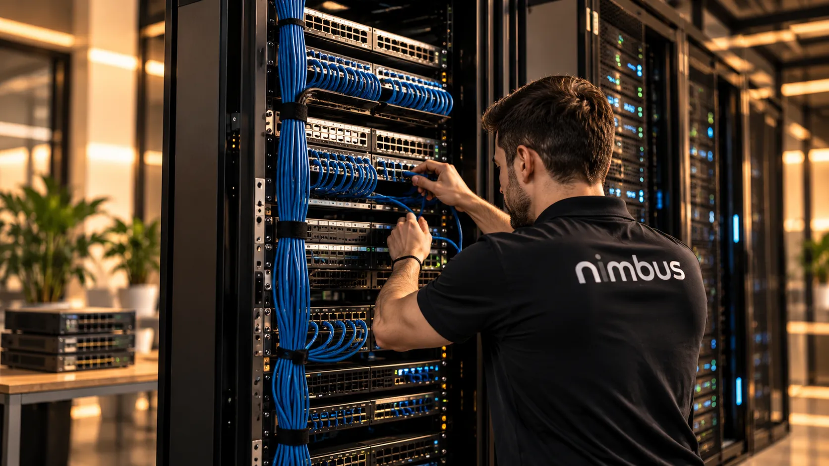 Nimbus technician tidying the cabling of a network rack