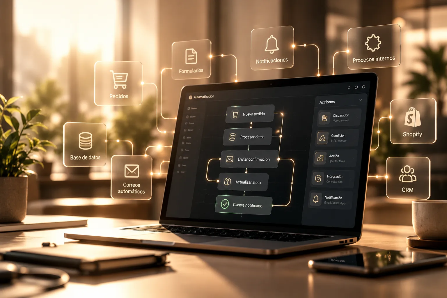 Laptop showing an automation workflow for orders, emails and notifications