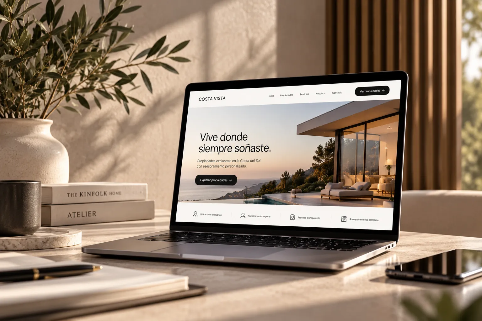 Laptop showing a property website on a desk