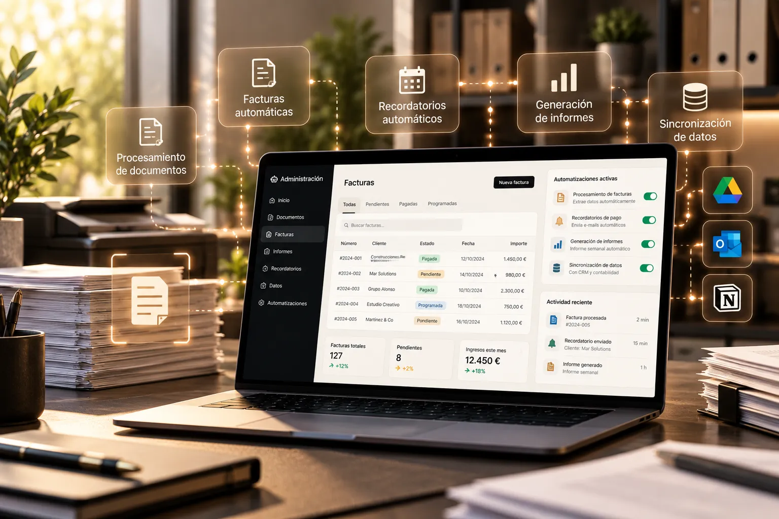 Laptop showing automated invoices, reminders and reports