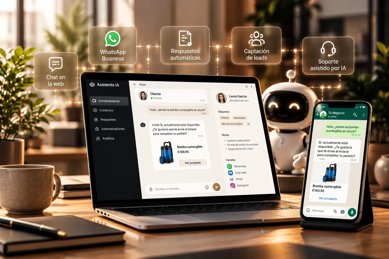 AI assistant helping a customer by chat and on WhatsApp