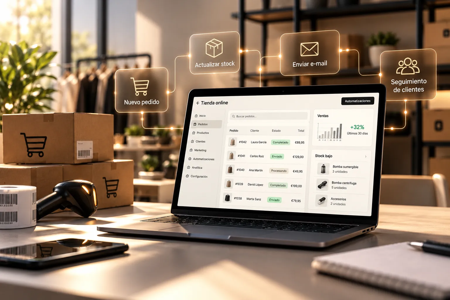 Laptop showing the orders of an online store and its automations